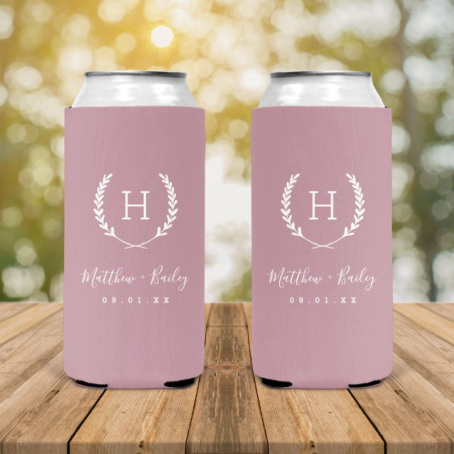 Laurel Crest Wedding Monogram | Mauve Seltzer Can Cooler (Creator Uploaded)