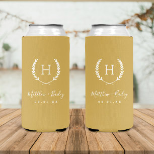Laurel Crest Wedding Monogram   Mustard Seltzer Can Cooler