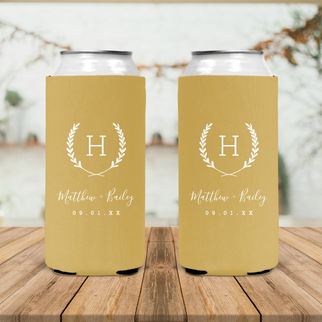 Laurel Crest Wedding Monogram | Mustard Seltzer Can Cooler (Creator Uploaded)