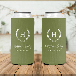 Laurel Crest Wedding Monogram Olive Green Seltzer Can Cooler