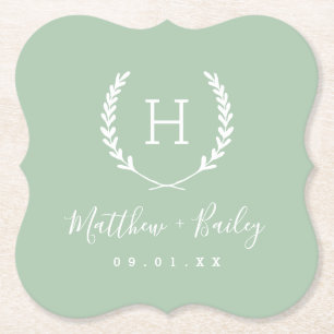 Laurel Crest Wedding Monogram Sage Paper Coaster