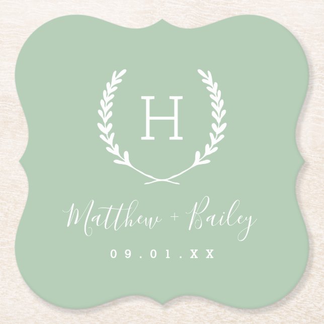 Laurel Crest Wedding Monogram | Sage Paper Coaster (Front)