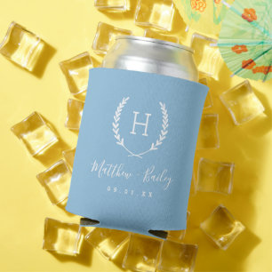 Laurel Crest Wedding Monogram   Sky Blue Can Cooler