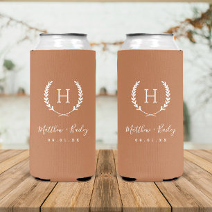 Laurel Crest Wedding Monogram   Terra Cotta Seltzer Can Cooler