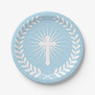 Laurel, Cross, Blue Religious Paper Plate