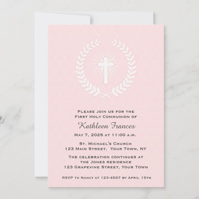 Laurel, Cross, Pink, First Communion Invitation (Front)