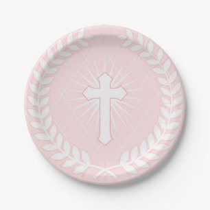 Laurel, Cross, Pink Religious Paper Plate