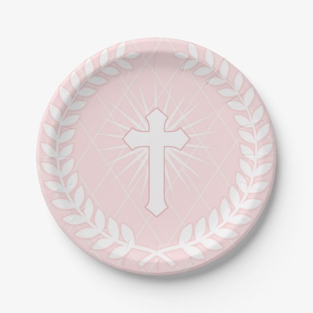 Laurel, Cross, Pink Religious Paper Plate (Front)