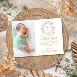 Laurel Floral Baptism, Christening Photo Thank You Card<br><div class="desc">A decorative laurel garland,  gold rings and crucifix sit above your special baptism or christening thank you message beside your own photo on this elegant design. Designed by Thisisnotme©</div>