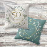 Laurel Garland Faux Gold 50 Wedding Anniversary Cushion<br><div class="desc">Designed to coordinate with our Laurel garland golden wedding collection. A decorative laurel garland encircles a faux gold foil border containing 50 years anniversary text. The reverse features the married couple's names set within a matching floral and faux gold foil garland. Designed by Thisisnotme©</div>