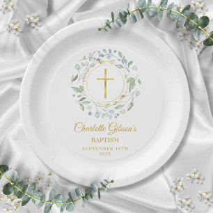 Laurel Garland Faux Gold Foil Baptism Christening Paper Plate