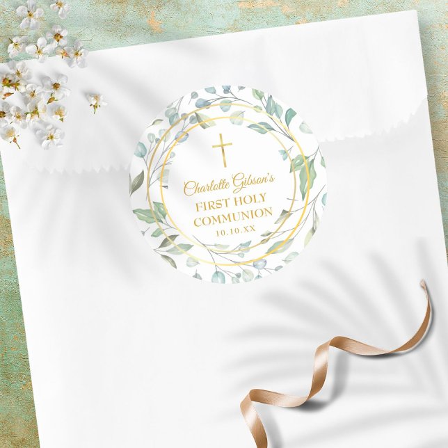 Laurel Garland Faux Gold Foil First Holy Communion Classic Round Sticker (Creator Uploaded)