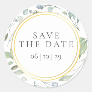 Laurel Garland Faux Gold Foil Save the Date Favour Classic Round Sticker