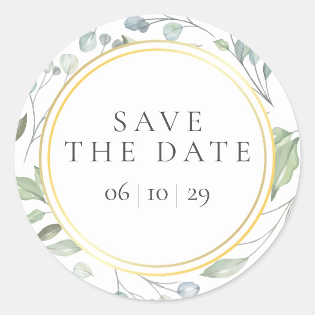Laurel Garland Faux Gold Foil Save the Date Favour Classic Round Sticker (Front)