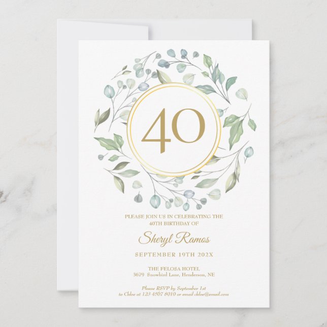 Laurel Garland Gold Monogram 40th Birthday Invitation (Front)