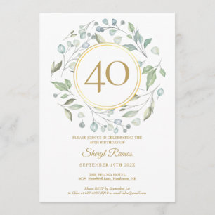 Laurel Garland Gold Monogram 40th Birthday Invitation