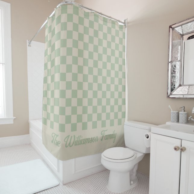 Laurel green Chequered Aesthetic Shower Curtain (In Situ)