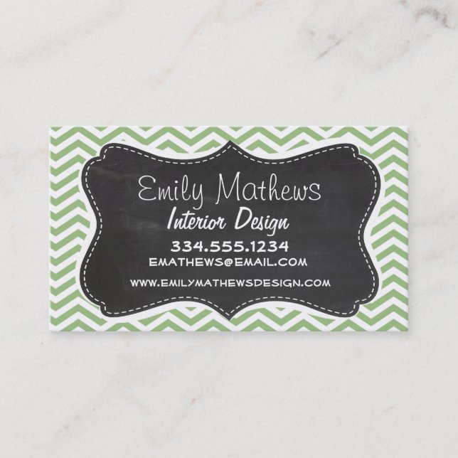Laurel Green Chevron Stripes; Chalkboard look Business Card (Front)