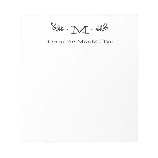 Laurel Initial Monogram Personalised White Notepad (Front)