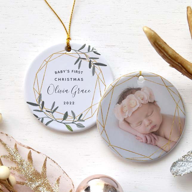Laurel Leaf Baby's First Christmas Photo Ceramic Tree Decoration (Creator Uploaded)