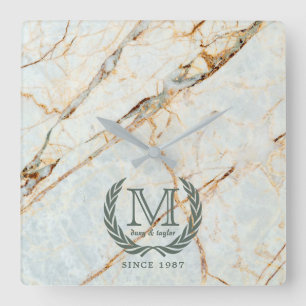Laurel Leaf Classic Monogram Beautiful Marble Square Wall Clock
