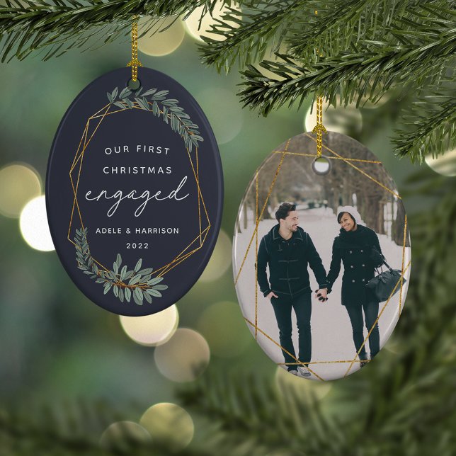 Laurel Leaf First Engaged Christmas Photo Ceramic Tree Decoration (Creator Uploaded)