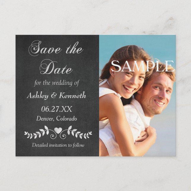 Laurel Leaf Heart Chalkboard Save the Date Postcard (Front)