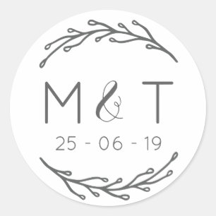 Laurel Leaf Initials & Date Wedding Stickers