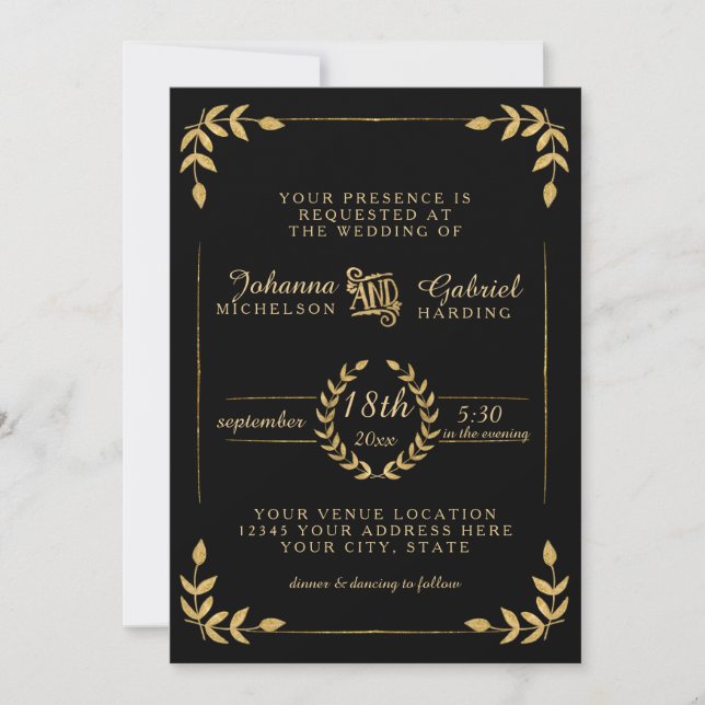 Laurel Leaf Modern Typography Black Gold Wedding Invitation (Front)