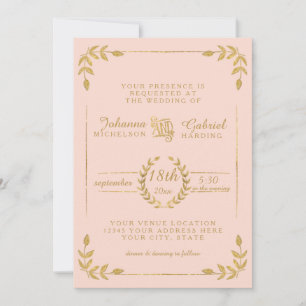 Laurel Leaf Modern Typography Blush Gold Wedding Invitation