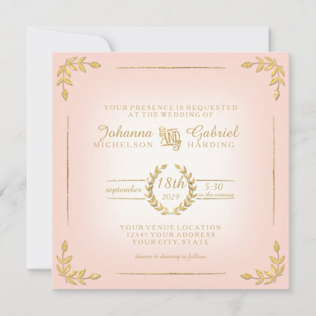 Laurel Leaf Pink Gold Typography Modern Wedding Invitation (Front)