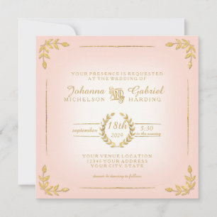 Laurel Leaf Pink Gold Typography Modern Wedding Invitation