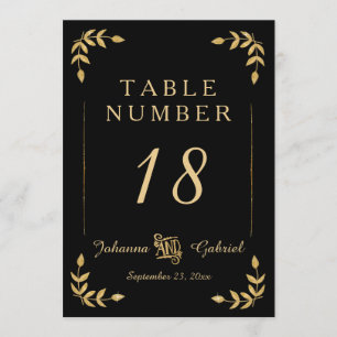 Laurel Leaf Typography Black Gold Table Numbers