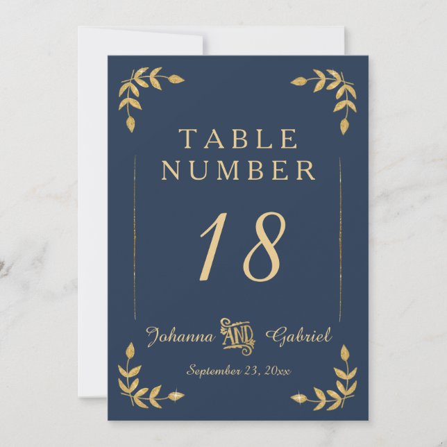 Laurel Leaf Typography Navy Blue Gold Table Number (Front)
