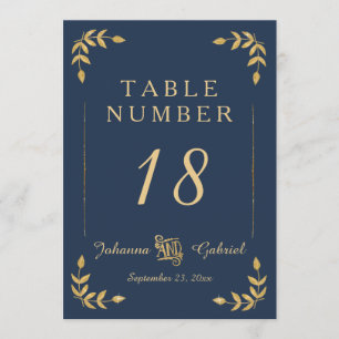 Laurel Leaf Typography Navy Blue Gold Table Number