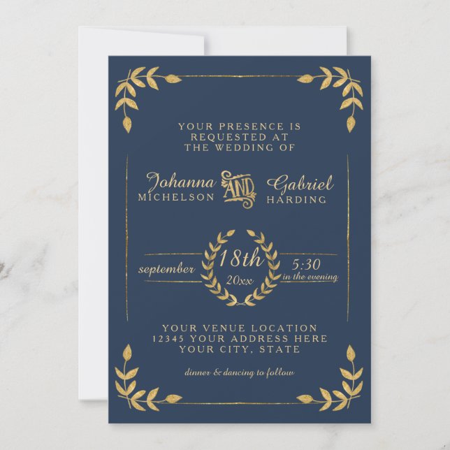 Laurel Leaf Typography Navy Gold Modern Wedding Invitation (Front)
