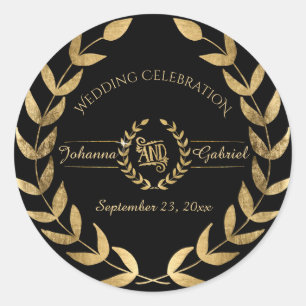 Laurel Leaf Wreath Black Gold Wedding Celebration Classic Round Sticker