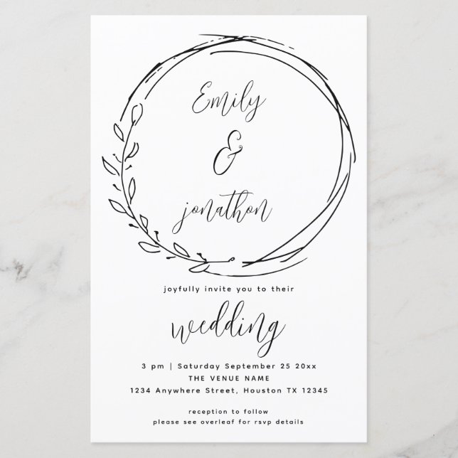 Laurel Leaf Wreath QR Code Script Wedding Invite (Front)