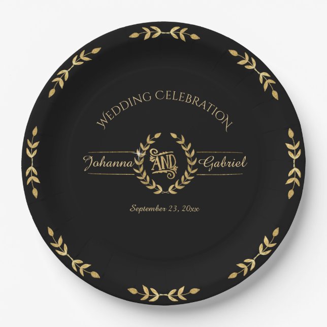 Laurel Leaf Wreath Wedding Celebration Black Gold Paper Plate (Front)