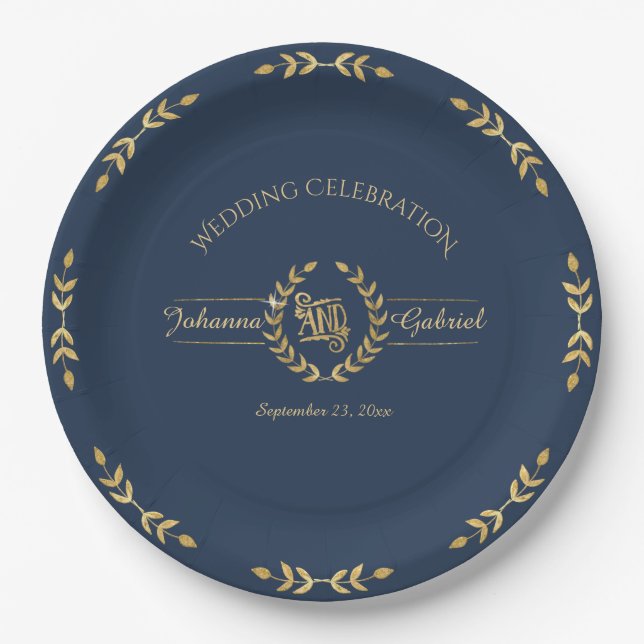 Laurel Leaf Wreath Wedding Celebration Navy Gold Paper Plate (Front)