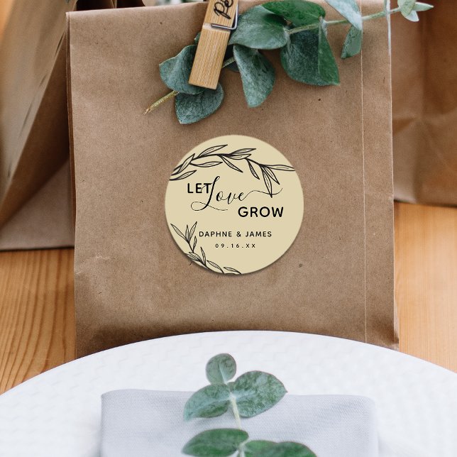 Laurel Leaves Let Love Grow Wedding Classic Round Sticker (Creator Uploaded)