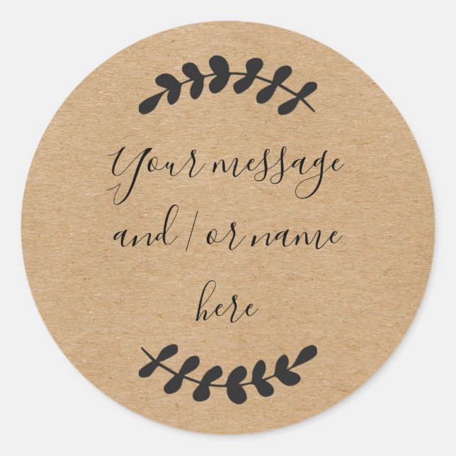 Laurel Leaves Rustic Kraft Personalised Classic Round Sticker (Front)