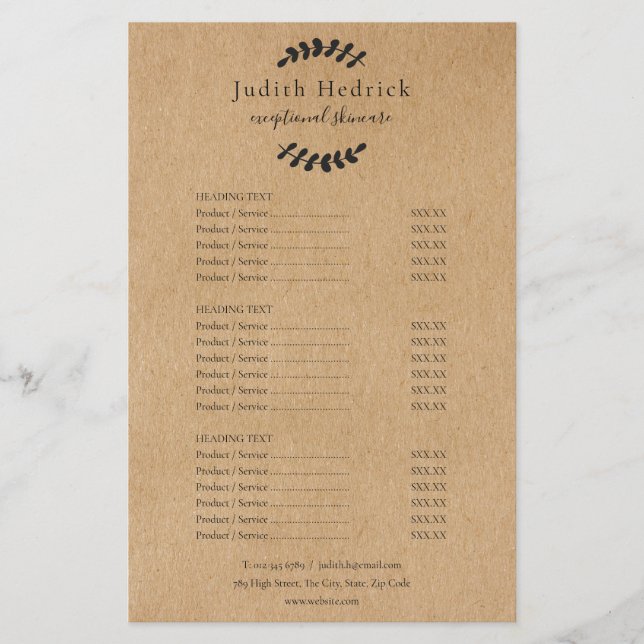 Laurel Leaves Rustic Kraft Salon Service Menu (Front)