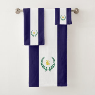Laurel & monogram on navy blue & white striped bath towel set