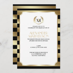 Laurel Monogrammed Black and Gold  Graduation Invitation