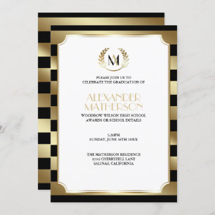 Laurel Monogrammed Black and Gold  Graduation Invitation