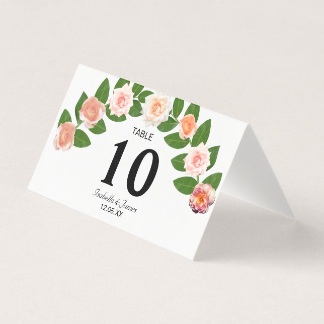Laurel & Rose Flowers Wedding Fold Table Card (Front)