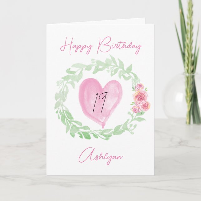 Laurel Watercolor Pink Heart 19th Birthday Card (Front)