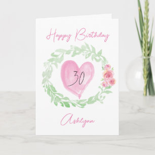 Laurel Watercolor Pink Heart 30th Birthday Card