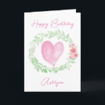 Laurel Watercolor Pink Heart Card<br><div class="desc">A green watercolor laurel and pink flowers with a pink watercolor heart featured on the front of this personalised birthday card for her. You will be able to easily personalise the front with her name and birthday message inside. This would make a wonderful birthday keepsake card for her.</div>